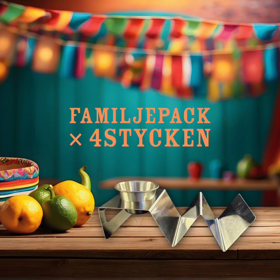 Tacohållare med dipskål. Familjepack: 4 stycken hållare för vars 2 tacoskal och dip - för en mer "hållbar" Tacofredag helt enkelt! Tacohållare är precis så fantastiskt som det låter - en hållare för taco bröd - ett världsproblem är löst! Lägg till att denna taco-hållare har ett hål som håller den inkluderade dip-skål så förstår du att vi i det närmsta pratar om Nobelpris-kandidat! Det är fullt tänkbart att vi är många som gärna fyller mer än ett (1) tacobröd åt gången. Det är dock lika tråkigt varje gång, bröden trillar, fyllningen faller ur, ölen blir ljummen - ja, ni förstår. Nu är räddningen här - tacohållaren fixar det. Dip-skålen gör att ni slipper slåss om den sista guacamolen - med frid och fröjd som följd. Så det är bara att slå till, köp en Tacohållare till varje familjemedlem och maxa fredagsmyset. hygieniskt rostfritt stål tål maskindiskning maxar familjens fredagsmys Setet innehåller: fyra stycken taco-hållare som vardera håller 2 taco-skal och den tillhörande dipskålen