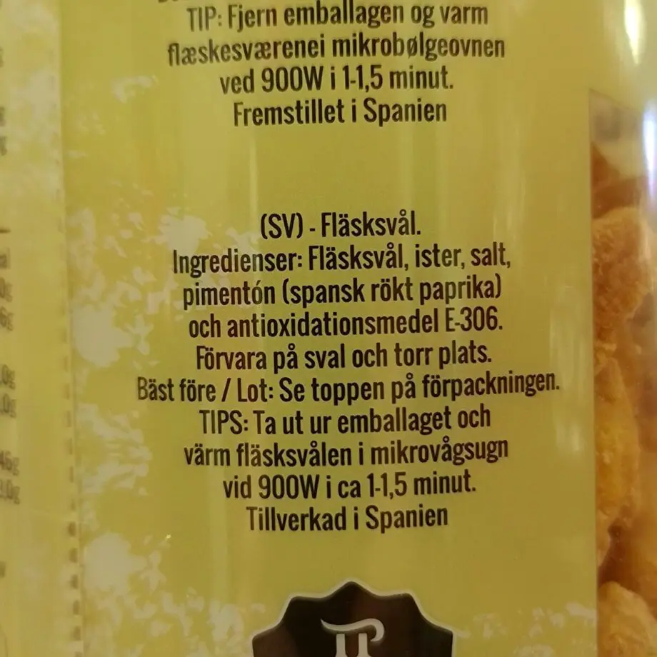 Fläsksvål fläsksvålar av ibericogris bland det godaste snacks du kan stoppa i dig noll kolhydrater 33 procent protein utan konserveringsmedel galet goda