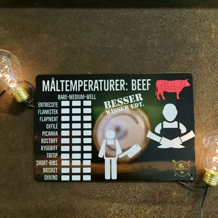 Plåtskylt för kök mm. "Besserwisser edt. Måltemperaturer Beef"  När är köttet klart? - Rare, medium eller well done - skriv dit din favorit! Skylt för kök, utekök, grillhörna, BBQ, Bar, Mancave Dekorera din favoritplats med skyltar och metalltavlor i användbar design Egna tankar kring Måltemperaturer Beef  / Nötkött? Här plåtskylten som du gör om till din egen lathund över olika innertemperaturer för olika styckningsdetaljer. En lathund för att inte behöva slå upp eller fundera på "när tog jag oxfilén förra nyårsafton? Tavlor i metall och plåtskyltar? BBQmonster har en häftig samling tavlor och skyltar i metall som kan vara den perfekta presenten eller tillbehöret till presenten som gör pricken över i:et, eller "the prick over the eye" som man säger i Amerikat... Metalltavlor för grill och BBQ är efterfrågade dekorer till utekök, mancaves och grillhörnor och med BBQmonsters uppsättning är chansen god att du hittar en skylt som passar just dig eller den person du skall köpa presenten till. Ett presenttips kan vara att om du köper låt säga ett paket spanska ginglas att då komplettera med en skylt som förstärker budskapet. Samma sak kan appliceras Ölglas, Kamados osv. Livsnjutare, Foodies och grillare är ofta glada för både god mat och god dryck. Därför kretsar många av dessa vintage skyltar och metalltavlor på tema Mat, såsom recepttavlor (för exempelvis Pulled pork, Revben / Ribs och Brisket). Eller Dryck (whisky, bourbon, beer, öl, IPA, Cider, Stout och inte minst modedrycken GIN). Tavlorna i metall finns i ett antal olika format, men där det vanligaste är måtten 20 x 30 (stående) cm eller 30 x 20 (liggande). Det finns även ett par större modeller (bland annat runda). Skyltarna har en vikt kant så inga vassa kanter existerar. Hörnen är försedda med hål (på det fyrkantiga tavlorna) där du enkelt med två eller fyra spik eller skruvar fäster upp tavlan på underlaget. Du kan även använda dubbelhäftande tejp om det passar bättre mot underlaget. Du hittar alla tavlor och skyltar under kategorin Tavlor metall (www.bbqmonster.se/produkt-kategori/tavlor/)