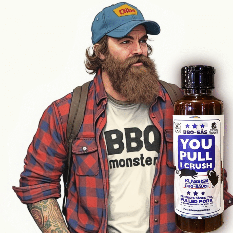 You Pull I Crush - BBQ sås - frisk och fräsch Tennessee style BBQ sauce - perfekt till pulled pork och kyckling Din nya favorit om du gillar lite syrligare BBQ-sås där cidervinäger får lysa igenom Med stolthet presenterar vi äntligen vår egna serie med högkvalitativa BBQ såser! Det tog ett par år innan vi var nöjda, men nu är den äntligen här - YOU PULL, I CRUSH Vi ville hitta den perfekta balansen mellan kittlande Cidervinäger (utan att tungan kryllar sig), balanserad sötma och en struktur som upplevs som len snarare än sträv (vilket  annars är risken med syrligare BBQ-såser) - och det var svårare än vi trodde, men till sist satt den där! Namnet kommer från så som BBQmonster brukar visa upp pulled pork på Instagram, Facebook och Youtube - vi rullar in köttet i slaktarpapper vid 94 grader, vilar ner det till 75 grader och därefter trycker/krossar (crush) vi det, snarare än att vi drar det med köttklor eller gafflar. Tanken är också att denna sås skall krossa dina förväntningar...på rätt sätt - överträffa dina förväntningar och att denna BBQ-sås skall bli den sås som du alltid vill skall finnas på bordet när du serverar Pulled Pork och andra feta detaljer av gris, men även grillad kyckling.  Detta är en sås som till sin konsistens kan tryckas ut ur sin flaska likt ketchup - lättflytande, inte för trög, och därmed även med full potential att bli en favorit även som en "binder" på köttet innan du lägger på en rub. I takt med att handelsutbytet mellan EU och USA ser ut att försvåras är vi extra glada att kunna ge beskedet att våra såser är producerade i EU och därmed har vi säkrat att du skall ha fortsatt tillgång till goda kvalitets-såser för din grillning, din BBQ, glaze till ribs, sås i smashburgaren och något gott direkt på tallriken till vettiga priser. Vi har under våra snart 10 år som one-stop-bbqshop sålt och provsmakat 100 tals olika sorters BBQ såser och vi kan med handen på hjärtat, lite osvenskt, säga att detta är en av den bästa och mest "smooth" vinägersås vi smakat - You Pull, I Crush.
