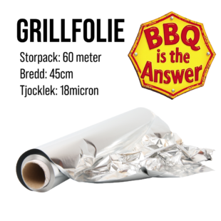 Grillfolie 45cm bred, 60 meter på rullen. Folie perfekt för ribs, fisk och annat på grillen. 18my = GROVT och HÅLLBART aluminiumfolie Grillfolie 45cm bred, 60 meter. Ribs (Revben) och grillbakad potatis kräver sin folie - här är den! Alla vet att rullar med 8 meter folie är alldeles för lite - alltid slut när den behövs som mest. Med denna storpack på 60 meter minskar du också antalet tillfällen där du står utan folie. Hur många gånger har du svurit över dålig folie? Förmodligen så många gånger att du kunde finansierat en Kamado Big Joe om du fått en 1 kr för varje gång. Nu kan du sluta svära - detta är en folie som håller och som är värd namnet GRILLFOLIE. Vår Grillfolie 45cm funkar såklart även utmärkt i ugnen eller frysen utan att påverkas av kylan.