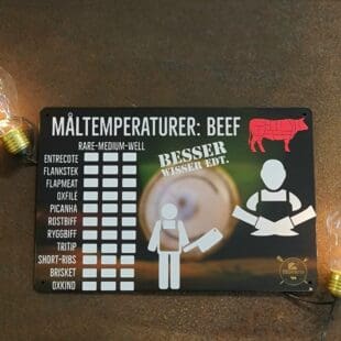 Plåtskylt för kök mm. "Besserwisser edt. Måltemperaturer Beef"  När är köttet klart? - Rare, medium eller well done - skriv dit din favorit! Skylt för kök, utekök, grillhörna, BBQ, Bar, Mancave Dekorera din favoritplats med skyltar och metalltavlor i användbar design Egna tankar kring Måltemperaturer Beef  / Nötkött? Här plåtskylten som du gör om till din egen lathund över olika innertemperaturer för olika styckningsdetaljer. En lathund för att inte behöva slå upp eller fundera på "när tog jag oxfilén förra nyårsafton? Tavlor i metall och plåtskyltar? BBQmonster har en häftig samling tavlor och skyltar i metall som kan vara den perfekta presenten eller tillbehöret till presenten som gör pricken över i:et, eller "the prick over the eye" som man säger i Amerikat... Metalltavlor för grill och BBQ är efterfrågade dekorer till utekök, mancaves och grillhörnor och med BBQmonsters uppsättning är chansen god att du hittar en skylt som passar just dig eller den person du skall köpa presenten till. Ett presenttips kan vara att om du köper låt säga ett paket spanska ginglas att då komplettera med en skylt som förstärker budskapet. Samma sak kan appliceras Ölglas, Kamados osv. Livsnjutare, Foodies och grillare är ofta glada för både god mat och god dryck. Därför kretsar många av dessa vintage skyltar och metalltavlor på tema Mat, såsom recepttavlor (för exempelvis Pulled pork, Revben / Ribs och Brisket). Eller Dryck (whisky, bourbon, beer, öl, IPA, Cider, Stout och inte minst modedrycken GIN). Tavlorna i metall finns i ett antal olika format, men där det vanligaste är måtten 20 x 30 (stående) cm eller 30 x 20 (liggande). Det finns även ett par större modeller (bland annat runda). Skyltarna har en vikt kant så inga vassa kanter existerar. Hörnen är försedda med hål (på det fyrkantiga tavlorna) där du enkelt med två eller fyra spik eller skruvar fäster upp tavlan på underlaget. Du kan även använda dubbelhäftande tejp om det passar bättre mot underlaget. Du hittar alla tavlor och skyltar under kategorin Tavlor metall (www.bbqmonster.se/produkt-kategori/tavlor/)