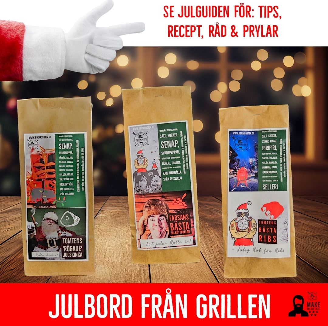 Julbord från grillen se bbqmonsters julguide 2023 tips råd och recept på julskinka köttbullar revben ribs och rök lax. Vi svarar på frågorna "hur saltar man julskinka" hur saltar man rökt lax" fördelar och nackdelar med torrsaltning jämfört med brine (lage) "hur gör man julrevben" "vilka är de godaste julkryddorna" "vad är julköttbullar och hur gör man" som bonus får du också recept på en värmande variant av "winter jack" som kan ersätta traditionell glögg